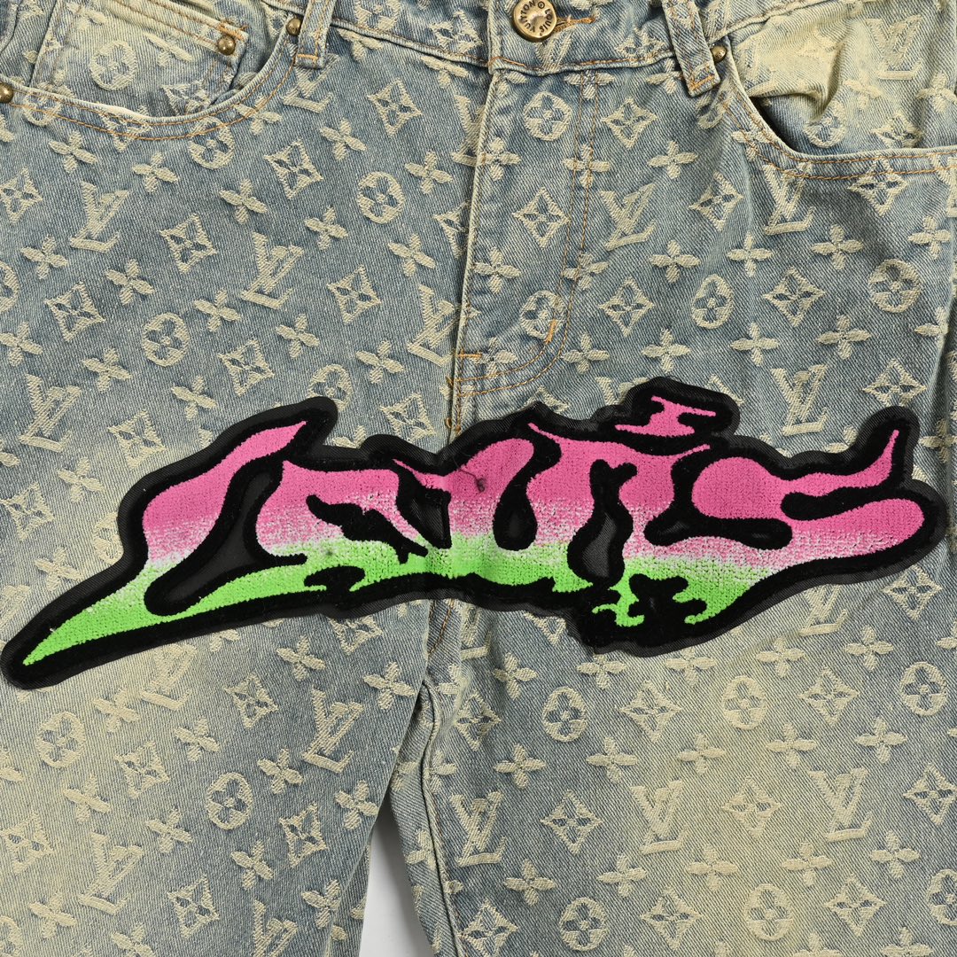 Jean vieilli dégradé floqué alphabet