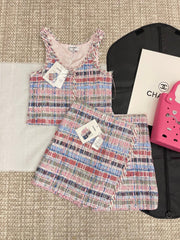 Pastel Tweed Crop Top with Frayed Edges & Ornate Buttons