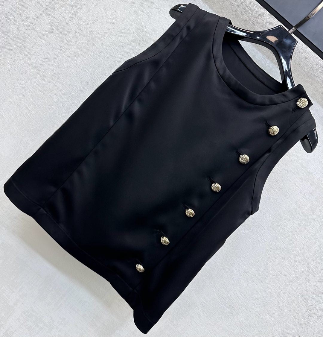 Sleeveless Satin Top with Ornate Gold Buttons