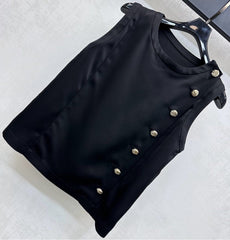 Sleeveless Satin Top with Ornate Gold Buttons