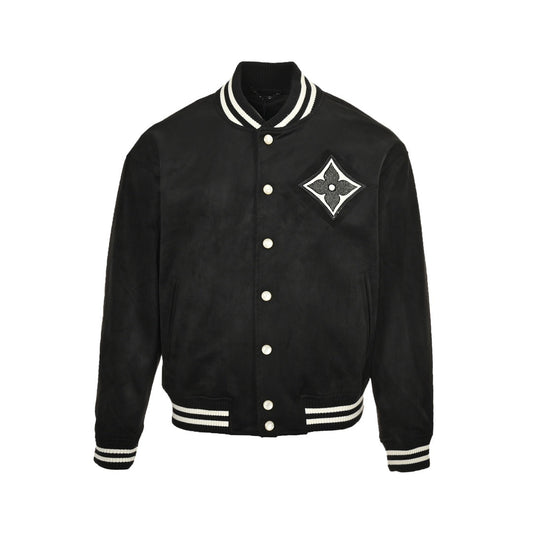 Veste de baseball en daim avec logo trèfle à quatre feuilles et strass