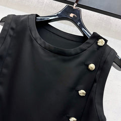 Sleeveless Satin Top with Ornate Gold Buttons