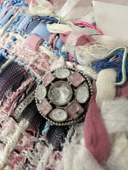 Pastel Tweed Crop Top with Frayed Edges & Ornate Buttons