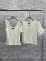 Lace-Accented Knit Tops + Tailored Taupe Pleated Skirt Set