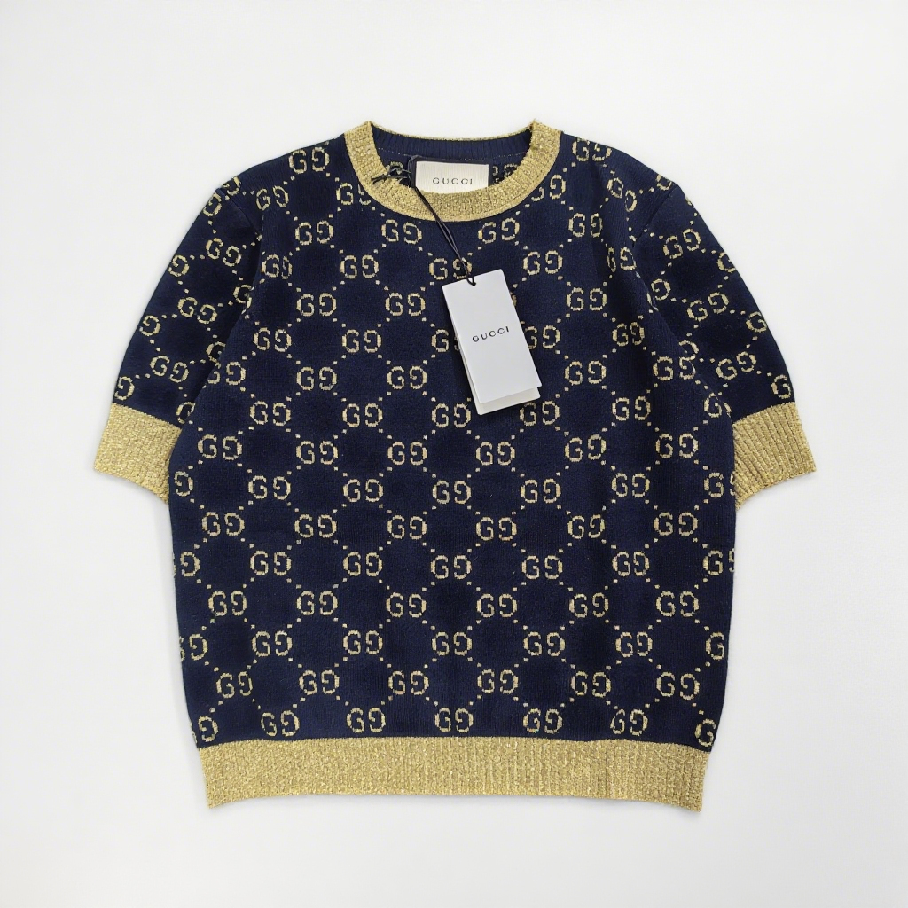 Metallic Yarn Color-Block GG Knit T-Shirt