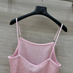 Pink Lurex Knit Camisole with Ruffled Hem