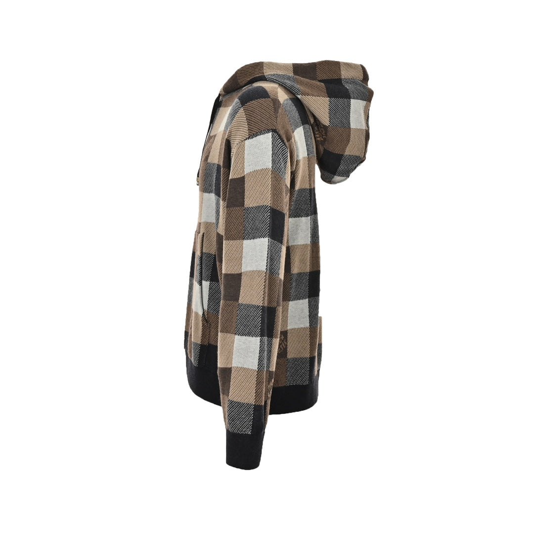 Jacquard-Strick-Kapuzensweatshirt mit Schachbrettmuster