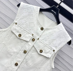 White Denim Co-ord Set with Embossed Motifs & Hardware Accents