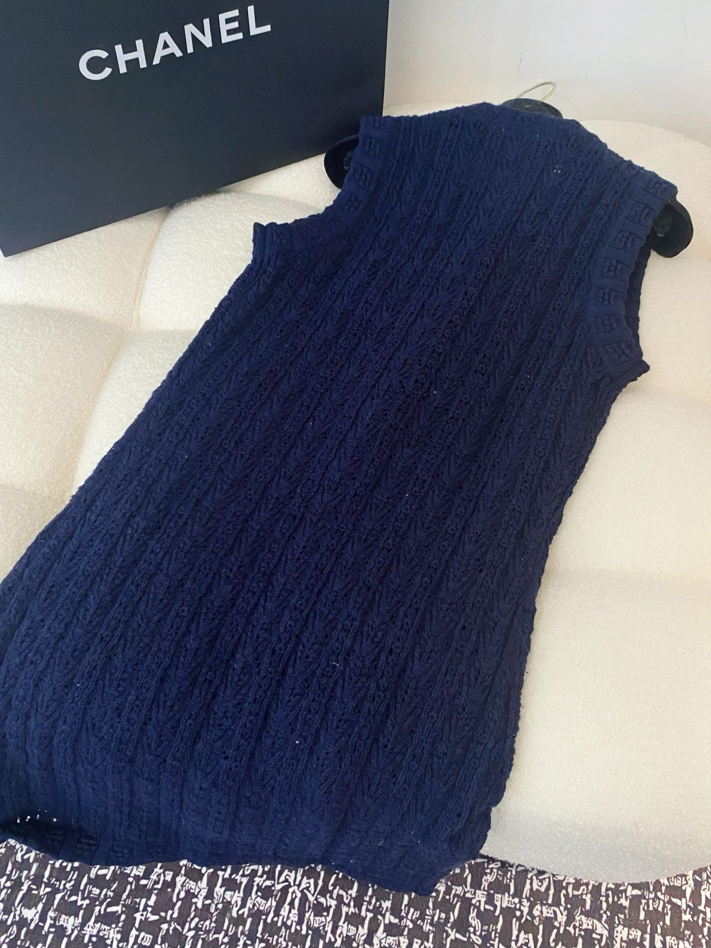 Navy Knit Sleeveless Dress with Crystal-Embellished Buttons