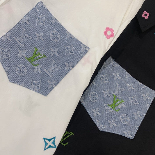 Two-Tone Embroidered Shirts with Denim Pocket Accent