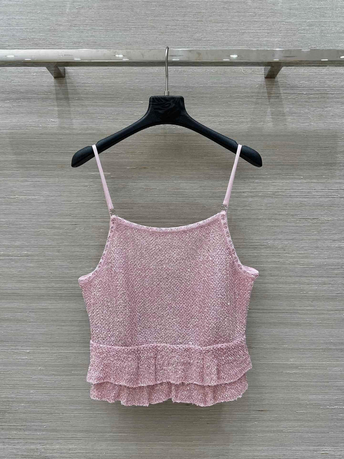 Pink Lurex Knit Camisole with Ruffled Hem