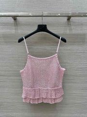 Pink Lurex Knit Camisole with Ruffled Hem