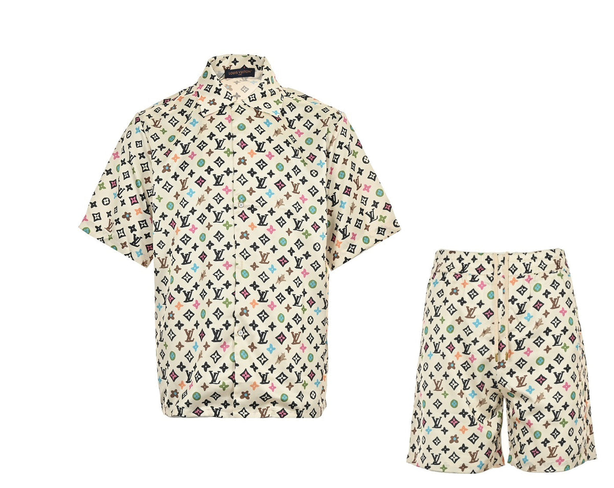 Chemise à manches courtes en soie imprimée all-over 