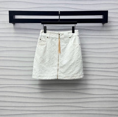 White Denim Co-ord Set with Embossed Motifs & Hardware Accents