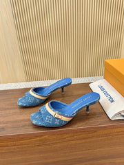 Denim Monogram Mule Heels with Contrast Strap