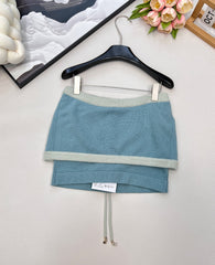 Dual-Textile Bottoms: Printed Denim Shorts + Knit Mini Skirt