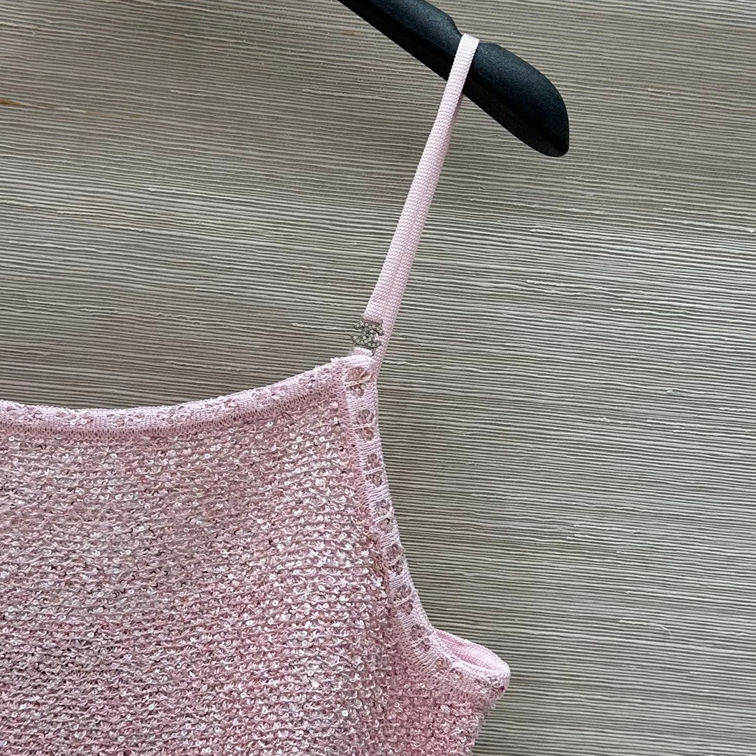 Rosafarbenes Lurex-Strick-Camisole mit Rüschensaum 