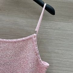 Pink Lurex Knit Camisole with Ruffled Hem
