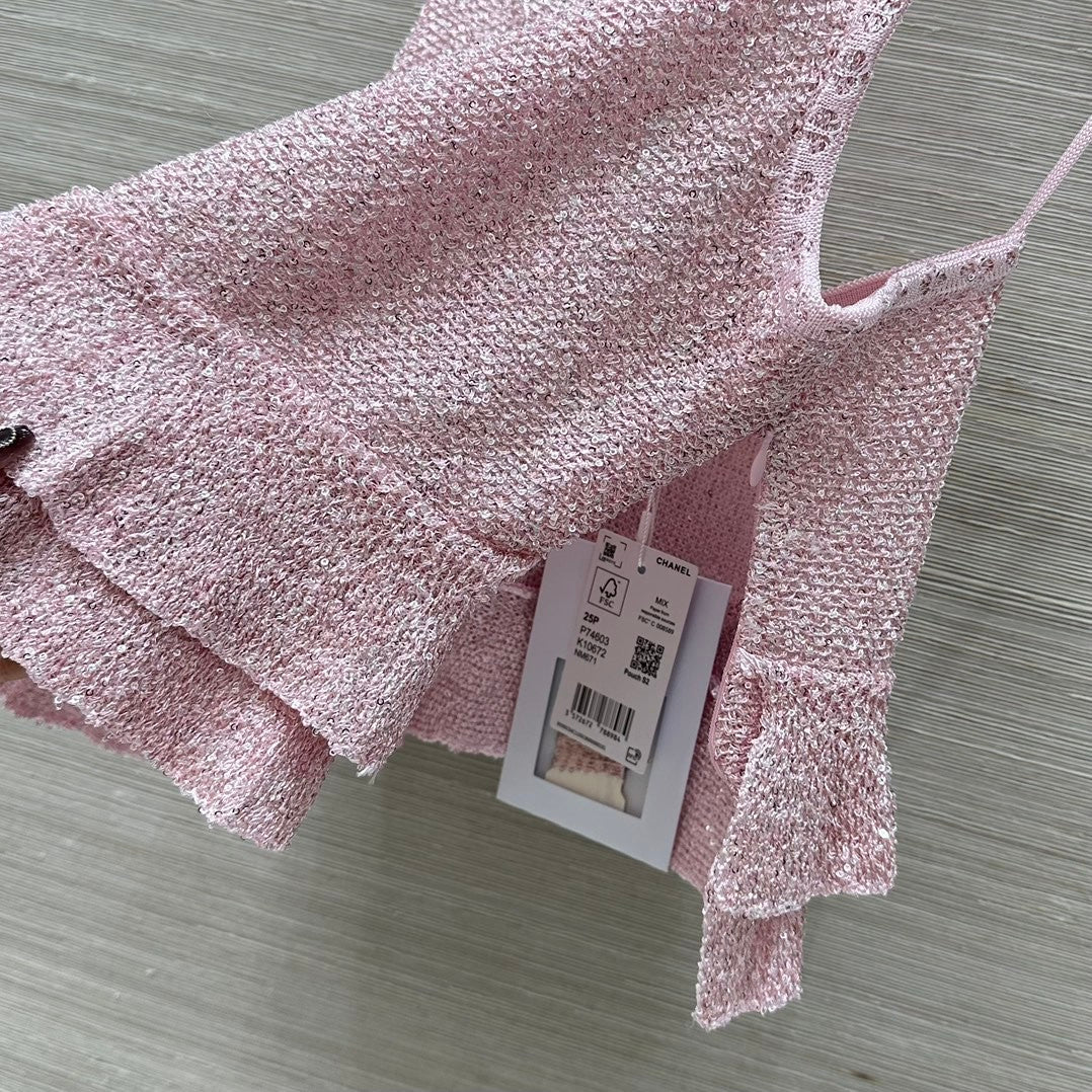 Rosafarbenes Lurex-Strick-Camisole mit Rüschensaum 