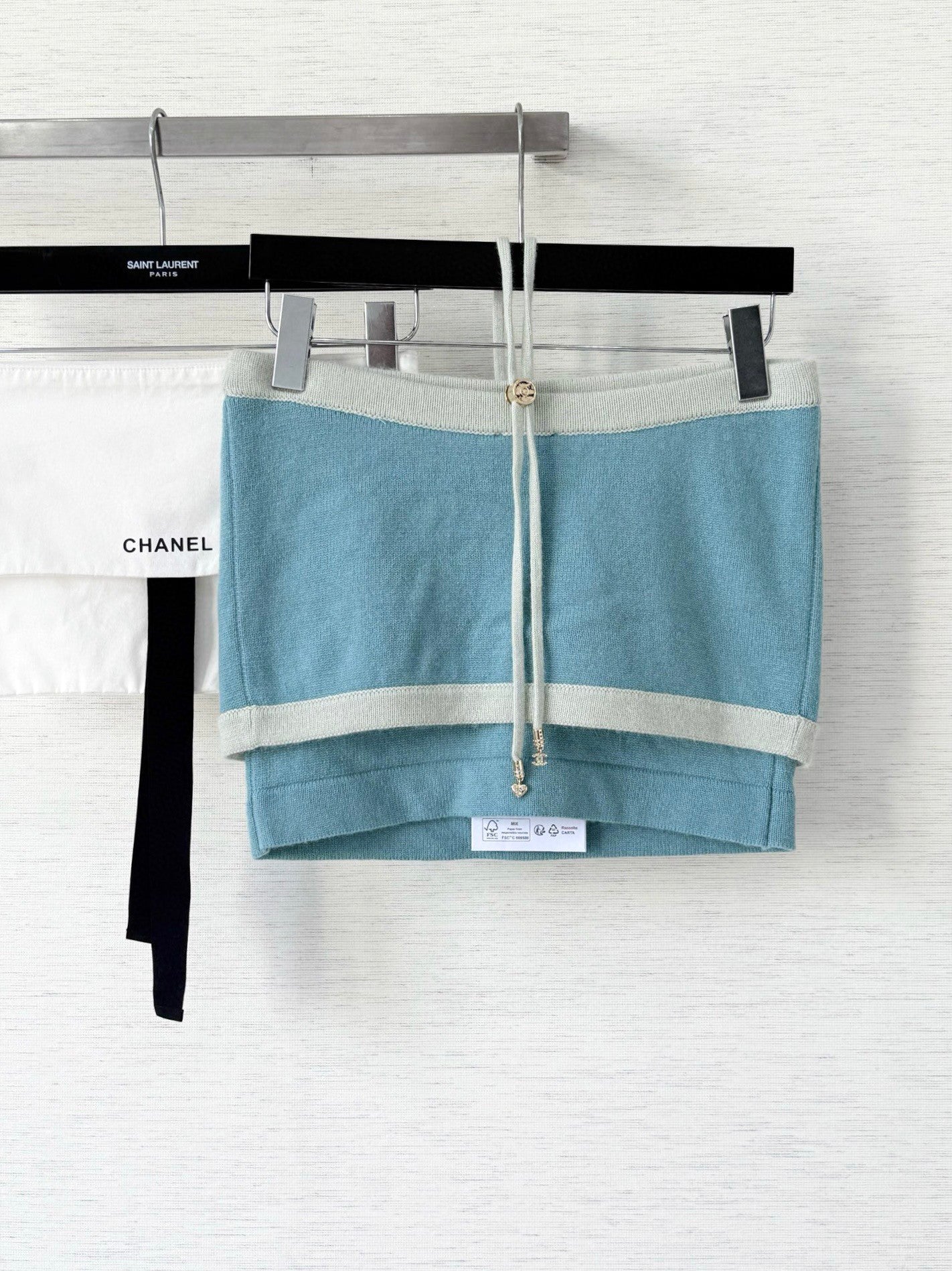 Dual-Textile Bottoms: Printed Denim Shorts + Knit Mini Skirt