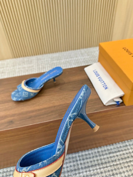 Denim Monogram Mule Heels with Contrast Strap