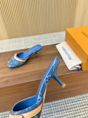 Denim Monogram Mule Heels with Contrast Strap