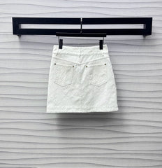 White Denim Co-ord Set with Embossed Motifs & Hardware Accents