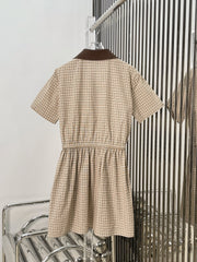 Plaid Shirt Dress with Contrast Collar & Drawstring Waist