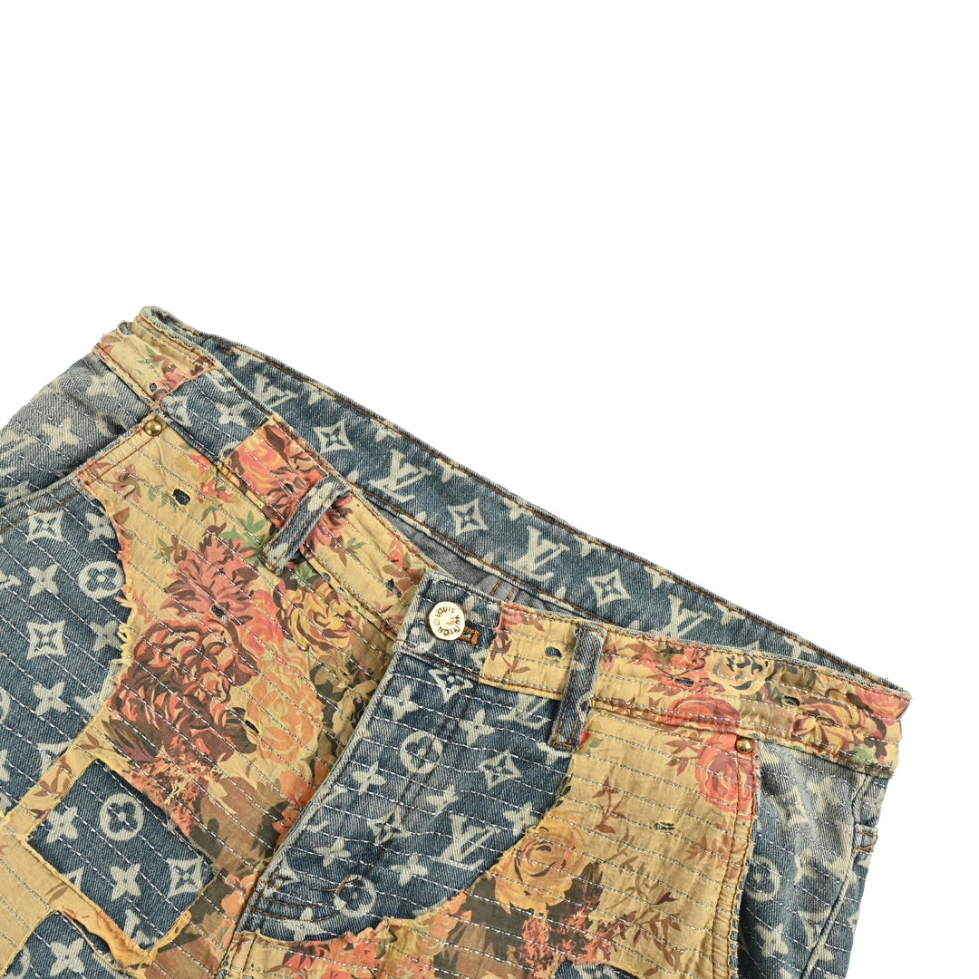 Jean vintage patchwork à fleurs roses