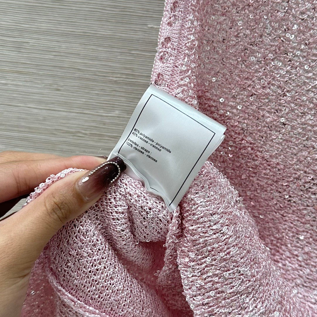 Rosafarbenes Lurex-Strick-Camisole mit Rüschensaum 