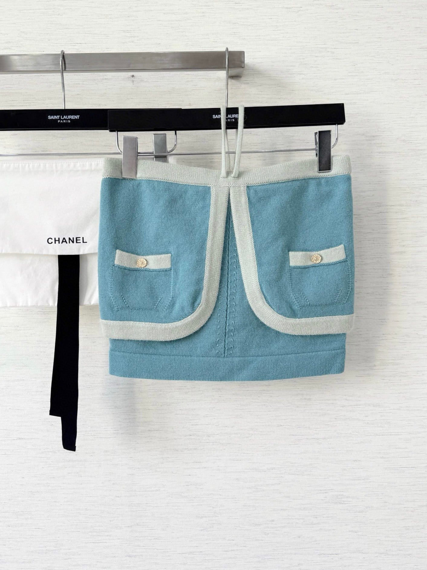 Dual-Textile Bottoms: Printed Denim Shorts + Knit Mini Skirt