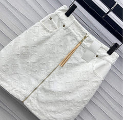 White Denim Co-ord Set with Embossed Motifs & Hardware Accents