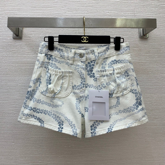 Dual-Textile Bottoms: Printed Denim Shorts + Knit Mini Skirt