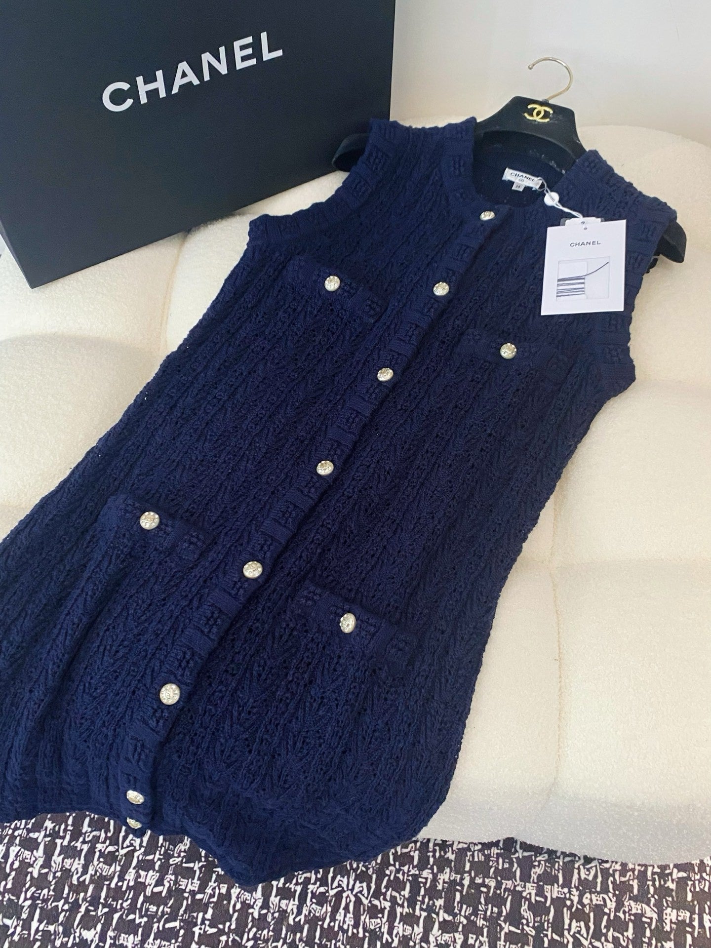 Navy Knit Sleeveless Dress with Crystal-Embellished Buttons