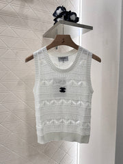 Lace-Knit Sleeveless Vest with Geometric Motifs