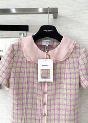 Short-sleeved tweed top with a baby doll collar