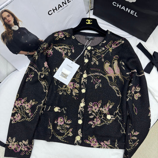 Flower and bird knitted cardigan