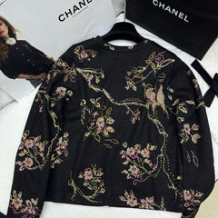 Cardigan tricoté à fleurs et oiseaux