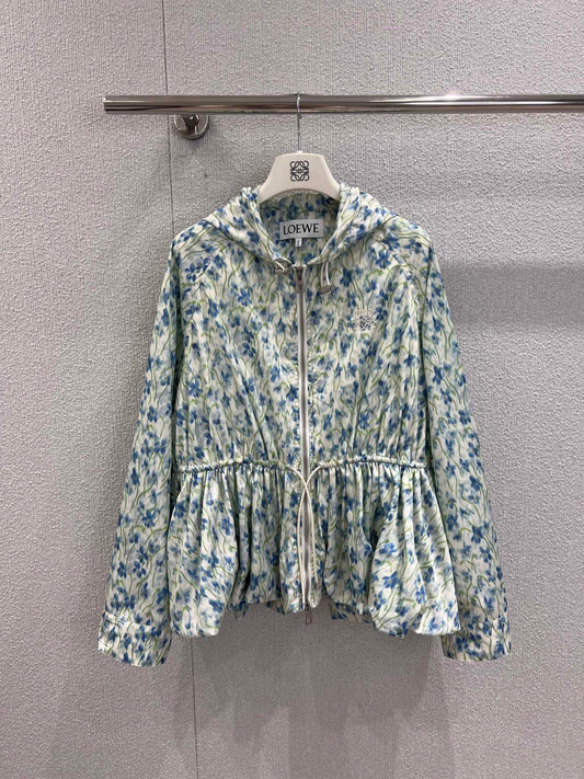 Early Autumn New Light Blue Floral Hooded Jacket