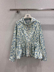 Early Autumn New Light Blue Floral Hooded Jacket