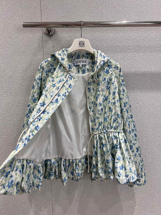 Early Autumn New Light Blue Floral Hooded Jacket