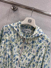 Early Autumn New Light Blue Floral Hooded Jacket