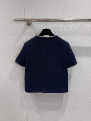 Banded hem short-sleeved bouclé jacket