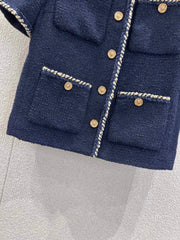 Banded hem short-sleeved bouclé jacket