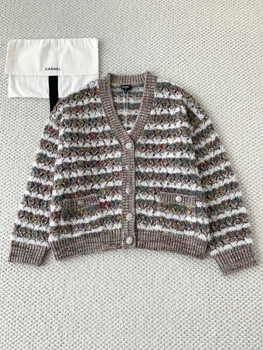 Gray-green striped knitted hollow long-sleeved cardigan