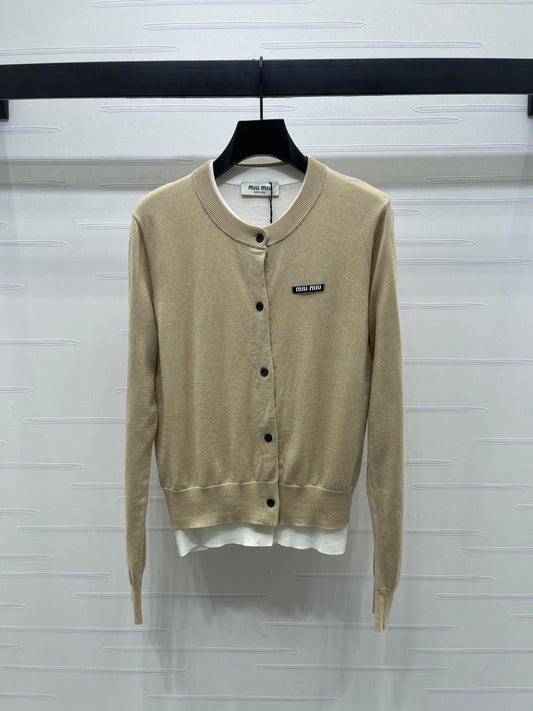 Fake two-piece knitted crew neck cardigan