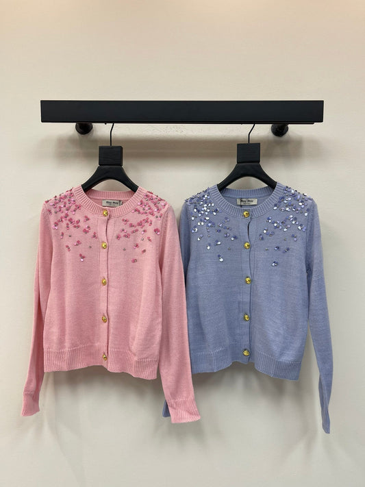 Sequined round neck long-sleeved knitted cardigan