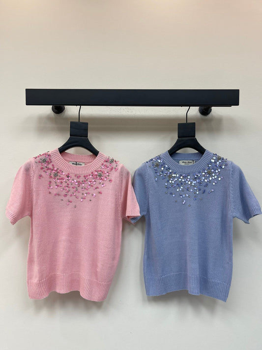 Paillettenbesetzter Rundhals-Langarm-Strickpullover