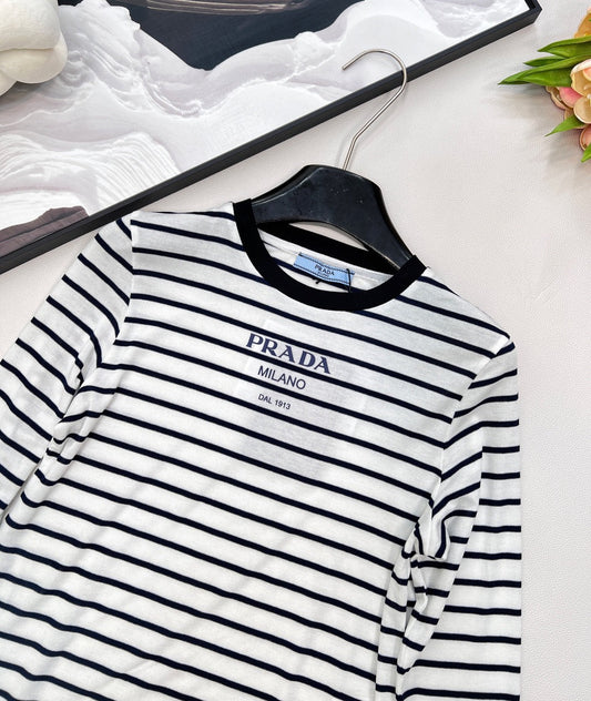 Printed stretch slim-fit striped bottoming shirt