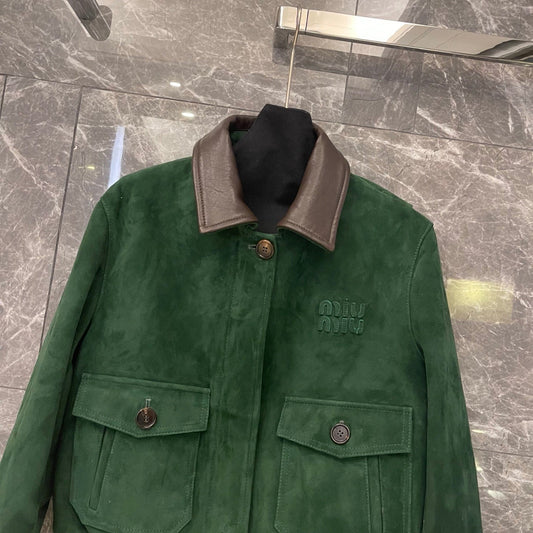 Vintage Green Suede Cropped Leather Jacket